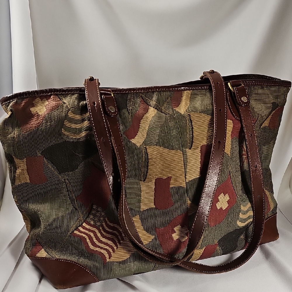 Brahmin Vintage Flag Design Canvas Tote Bag with Leather Straps/Pockets